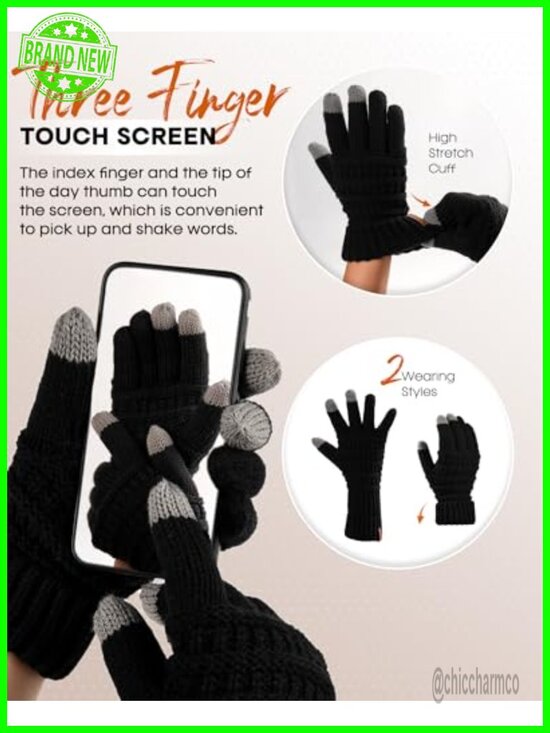 Winter Knit Beanie Scarf Touchscreen Gloves 3-Piece Set, Soft Acrylic